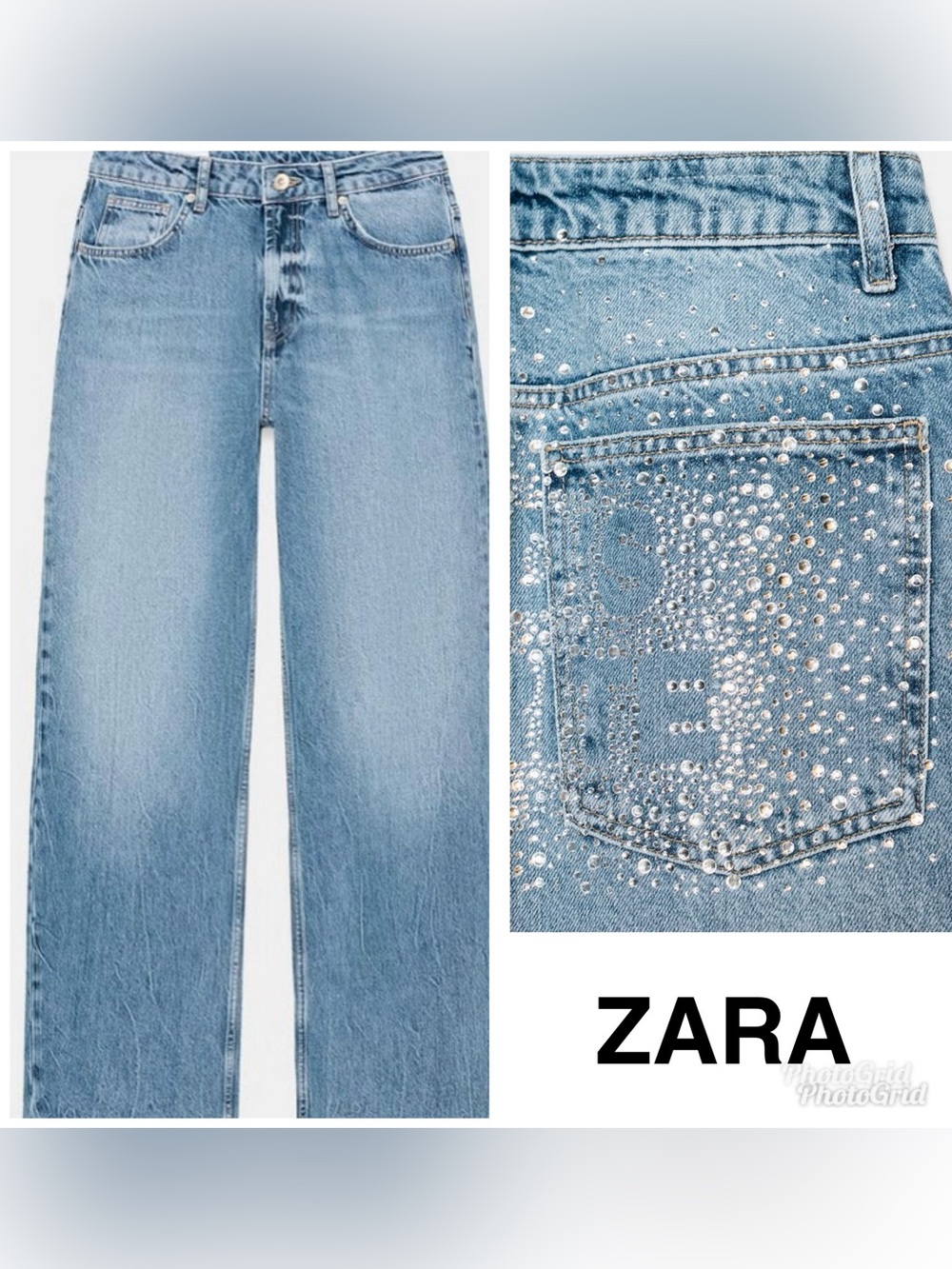 ZARA Mid-Rise 100% Cotton Jeans w/Crystal-Embellished Back - Size 14 - NEW